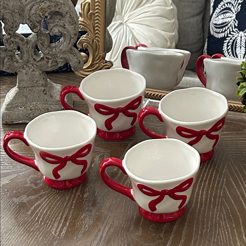 NEW! Shabby Chic Ceramic Red Christmas Holiday Coquette Bow Mug Set 4